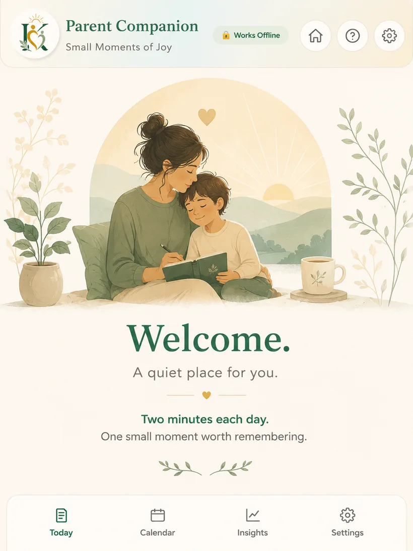 The Parent Companion app's Today screen, showing a two-minute daily reflection space