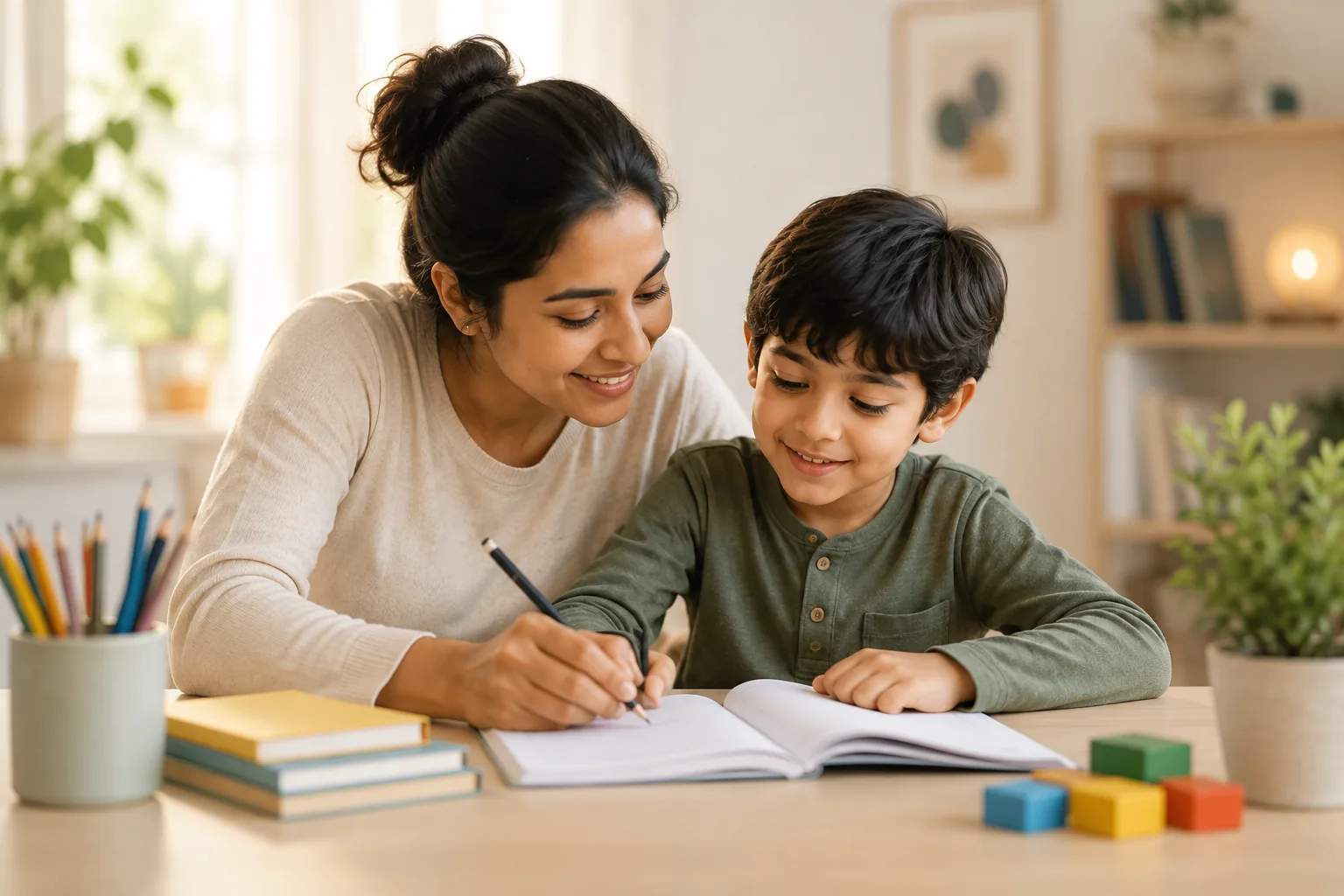 A parent and child sitting together at the table, writing in a notebook and smiling — an everyday moment of learning together