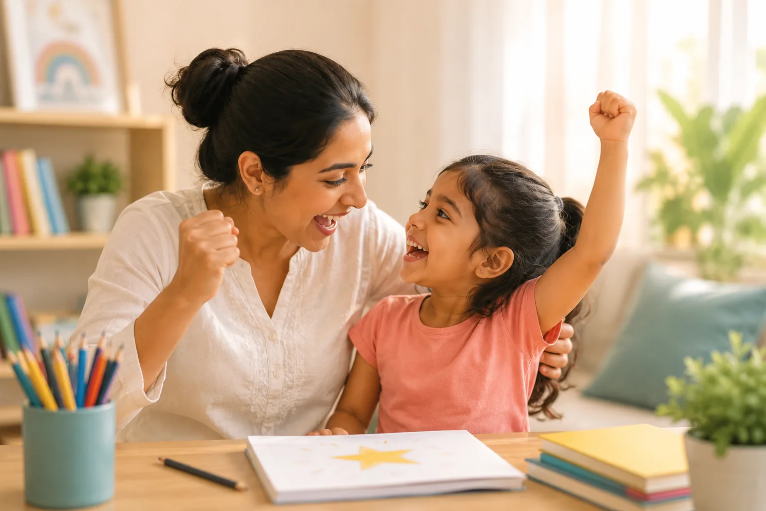 A mother and child celebrating together, smiling — the everyday moment of noticing progress that Small Moments of Joy is built around