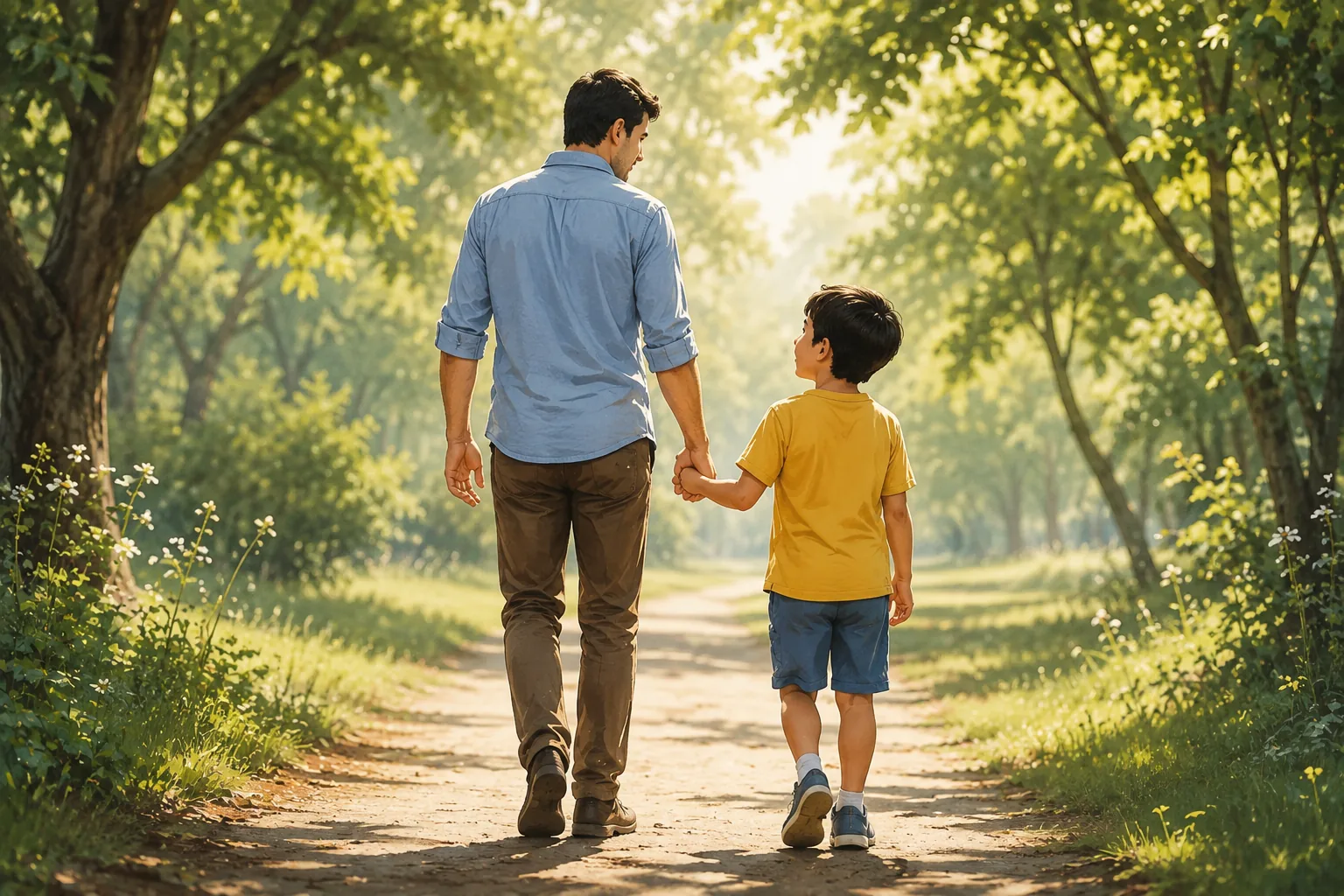 A father and child walking together outdoors, hand in hand