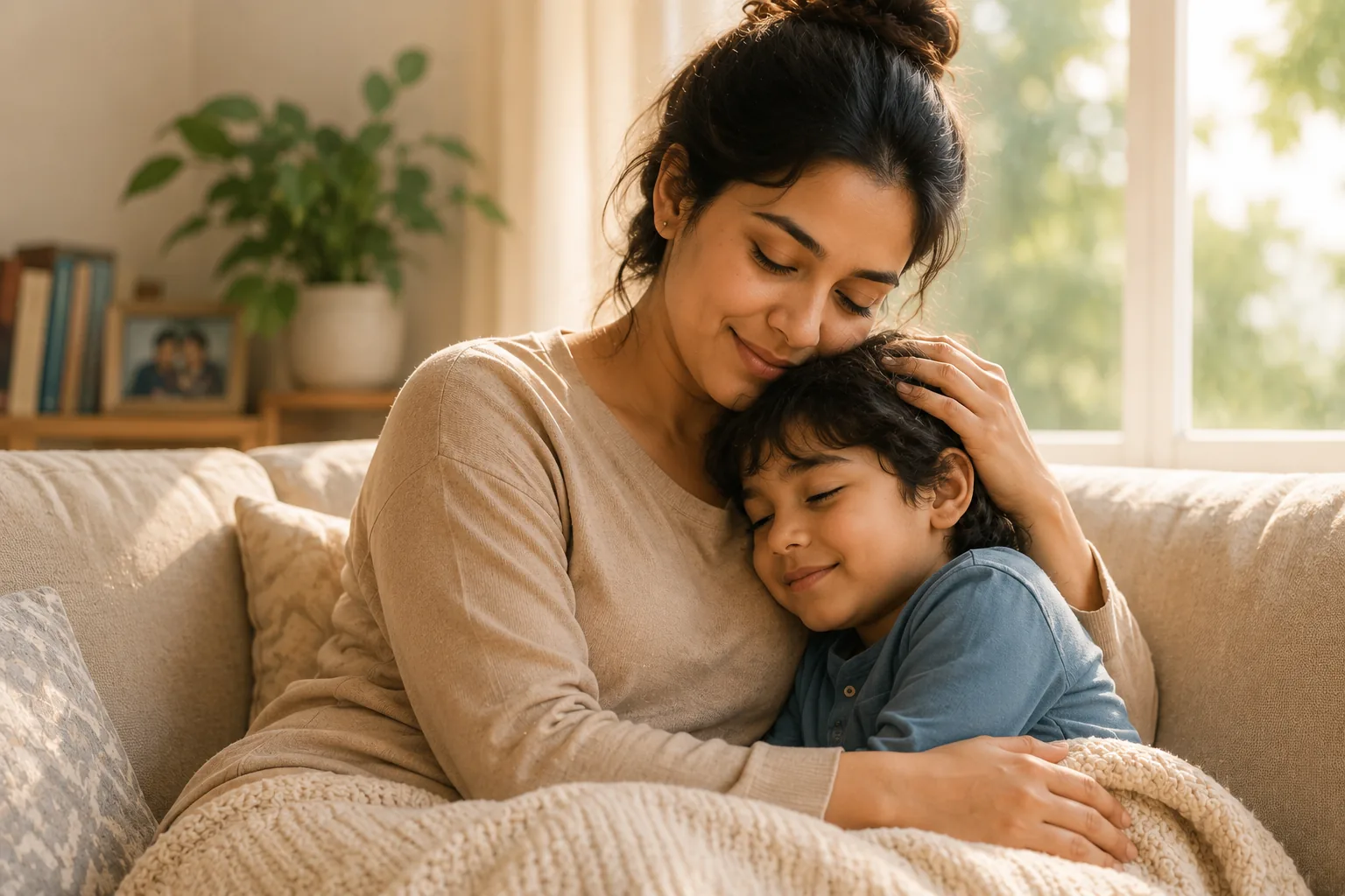 A mother and child sharing a peaceful, quiet moment together